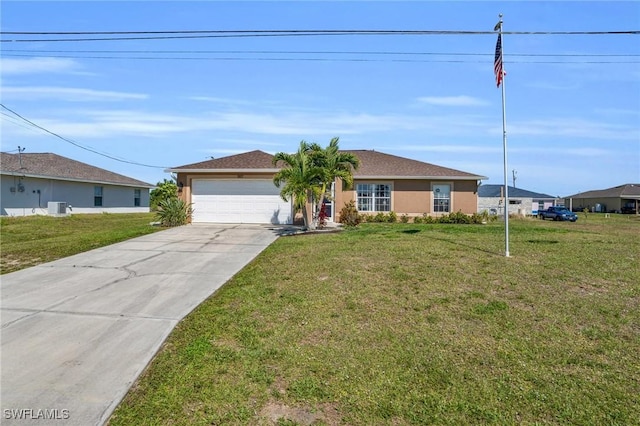 single story home featuring a garage, central AC unit, and a front lawn