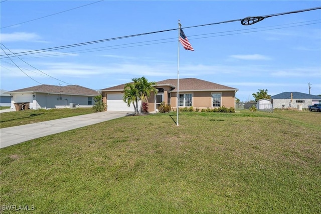 ranch-style home with a garage and a front yard