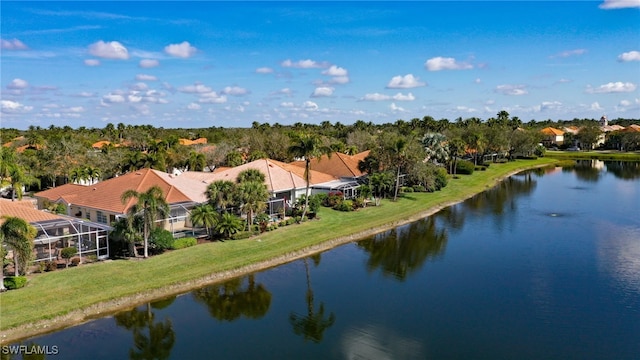 drone / aerial view featuring a water view