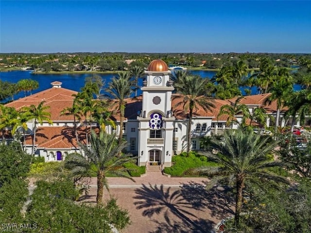 birds eye view of property featuring a water view