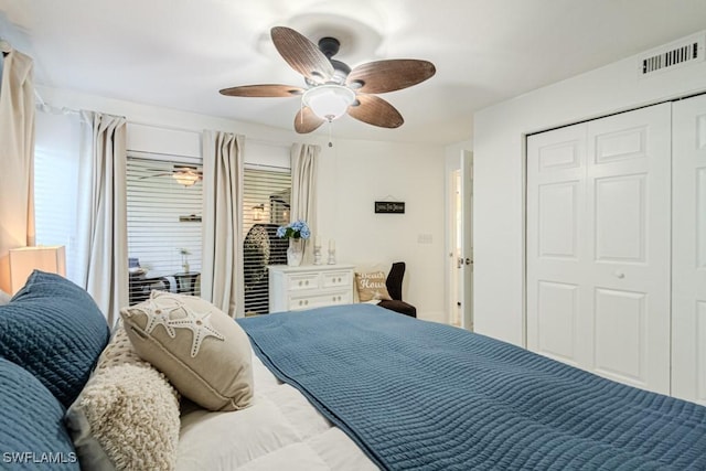 bedroom with a closet, visible vents, and a ceiling fan