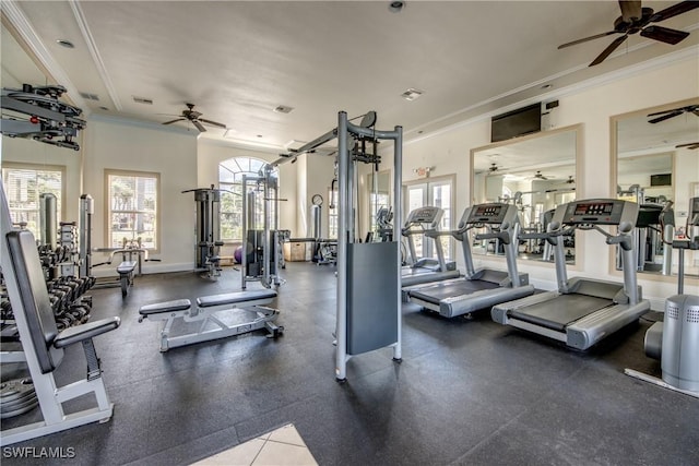 gym featuring crown molding and ceiling fan