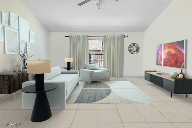 living room with ceiling fan, lofted ceiling, and light tile patterned floors