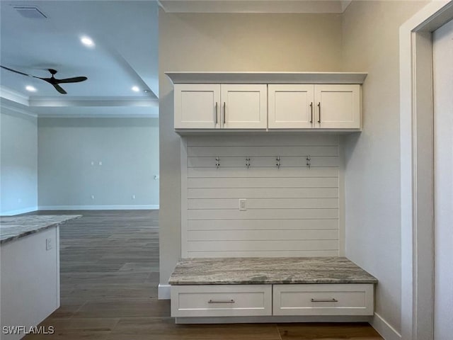 mudroom with ceiling fan, dark hardwood / wood-style floors, and a raised ceiling