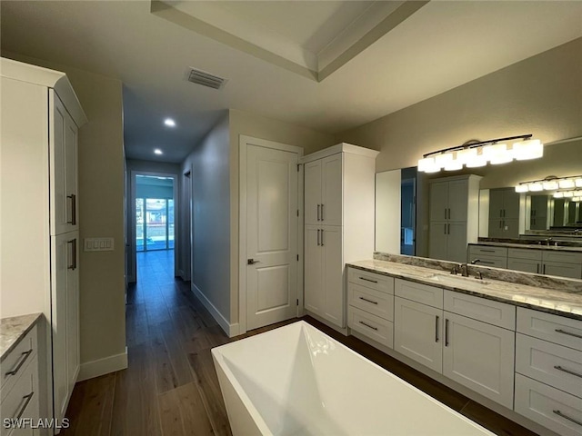 bathroom with a raised ceiling, vanity, and hardwood / wood-style floors