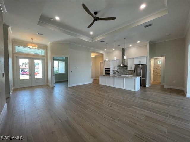 unfurnished living room with sink, hardwood / wood-style floors, and a tray ceiling