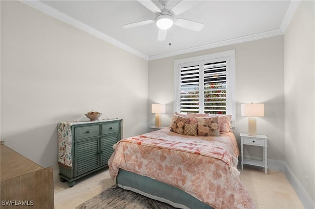 bedroom featuring crown molding and ceiling fan