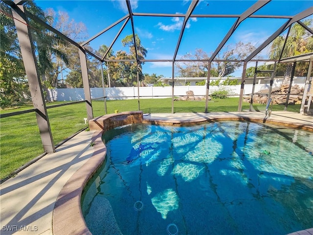 view of swimming pool with pool water feature, glass enclosure, and a lawn