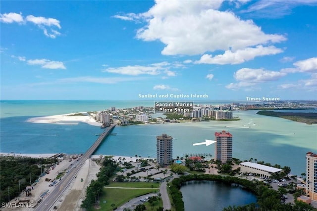 bird's eye view with a water view