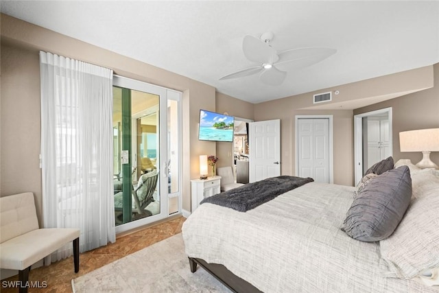 bedroom with ceiling fan, light tile patterned floors, and access to outside