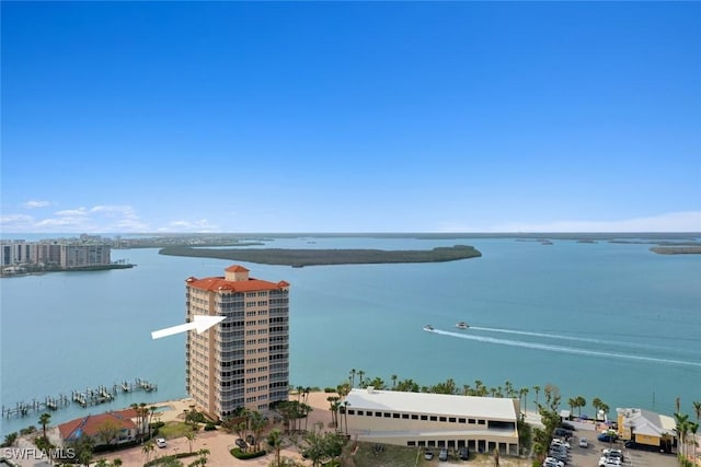 drone / aerial view with a water view