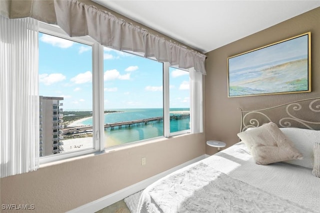 bedroom featuring multiple windows and a water view