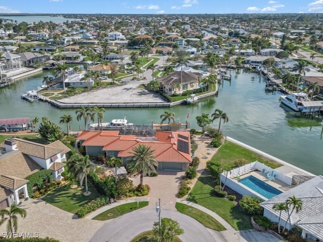 aerial view featuring a water view