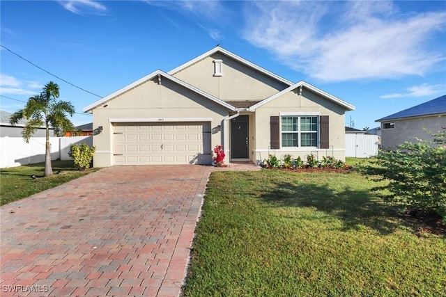 single story home with a garage and a front lawn