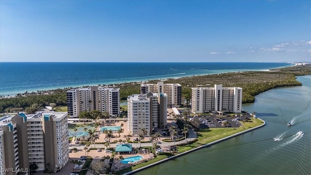 aerial view with a beach view and a water view