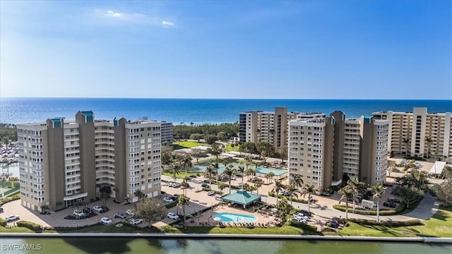 aerial view featuring a water view