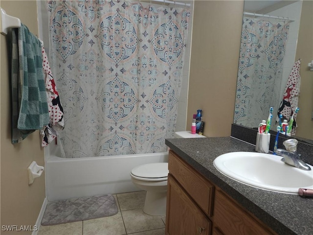 full bathroom with vanity, shower / tub combo, tile patterned floors, and toilet