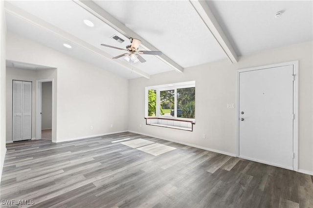 unfurnished living room with lofted ceiling with beams, wood-type flooring, and ceiling fan