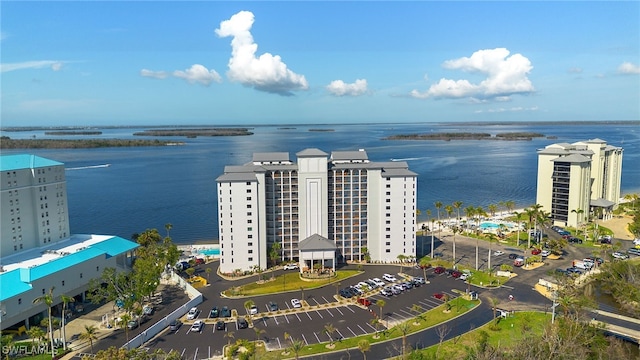 birds eye view of property featuring a water view