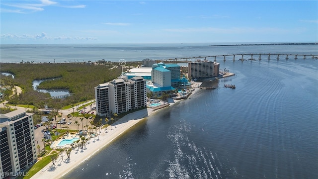 bird's eye view with a water view and a beach view