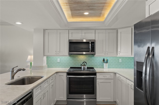 kitchen with stainless steel appliances, a raised ceiling, sink, and white cabinets