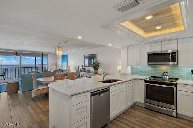 kitchen featuring sink, appliances with stainless steel finishes, a tray ceiling, white cabinets, and kitchen peninsula