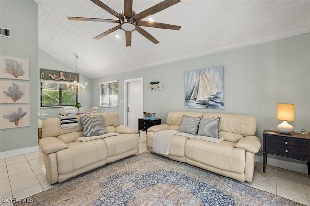 living room with ceiling fan with notable chandelier, light tile patterned floors, lofted ceiling, and wood ceiling