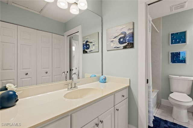 full bathroom featuring shower / bathtub combination with curtain, vanity, toilet, and tile patterned flooring