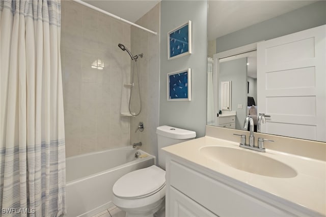 full bathroom featuring vanity, shower / tub combo with curtain, and toilet