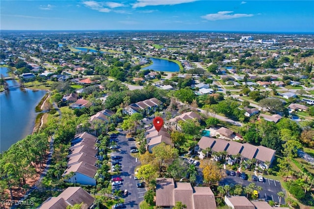 drone / aerial view featuring a water view