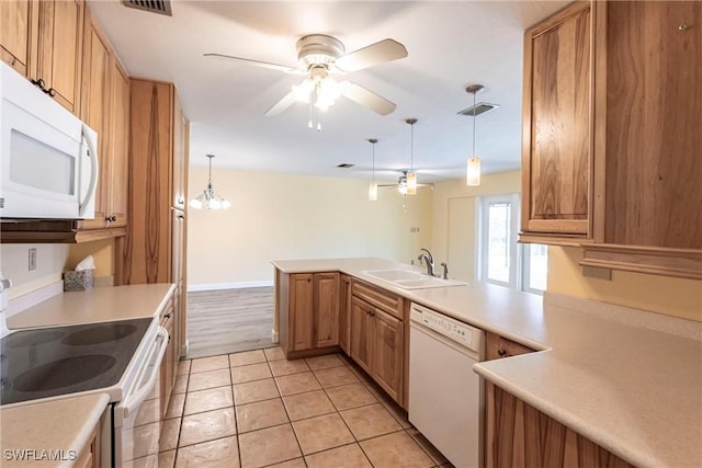 kitchen featuring sink, ceiling fan, kitchen peninsula, pendant lighting, and white appliances