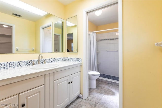 bathroom with toilet, tile patterned flooring, a shower with shower curtain, and backsplash