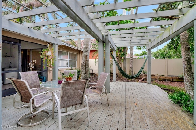 wooden deck featuring a pergola