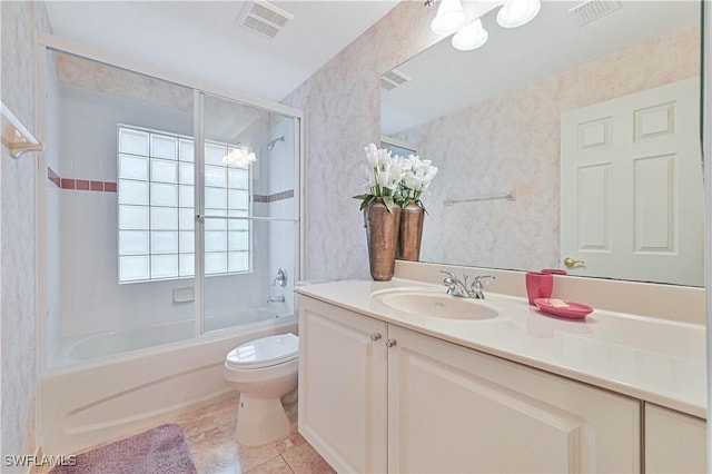 20037 Serene Meadow Ln, Estero, FL 33928 - full bathroom with vanity, shower / bath combination with glass door, tile patterned floors, and wallpapered walls