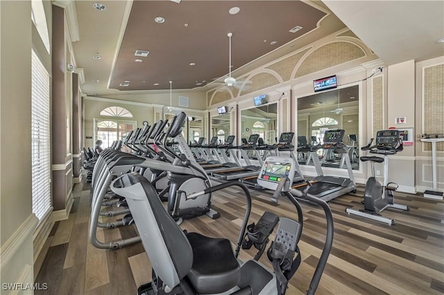 20037 Serene Meadow Ln, Estero, FL 33928 - gym featuring wood finished floors, recessed lighting, crown molding, and ceiling fan