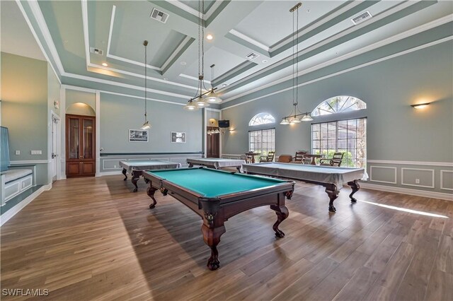 20037 Serene Meadow Ln, Estero, FL 33928 - recreation room featuring a decorative wall, coffered ceiling, wood finished floors, pool table, and a towering ceiling