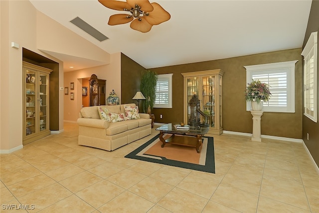 20037 Serene Meadow Ln, Estero, FL 33928 - living area featuring ceiling fan, light tile patterned floors, and vaulted ceiling