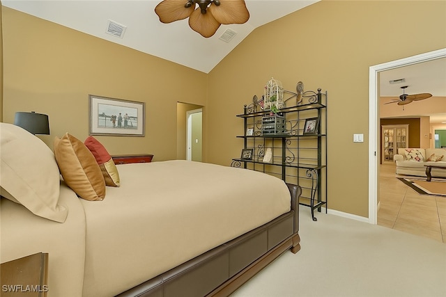 20037 Serene Meadow Ln, Estero, FL 33928 - bedroom featuring lofted ceiling, light colored carpet, a ceiling fan, and light tile patterned flooring