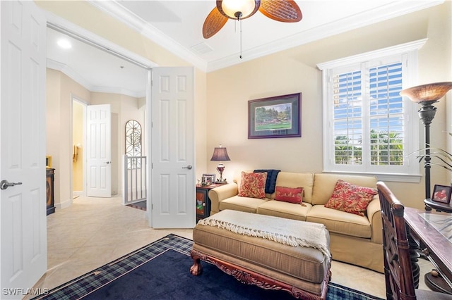 living room featuring light tile patterned floors, crown molding, and ceiling fan