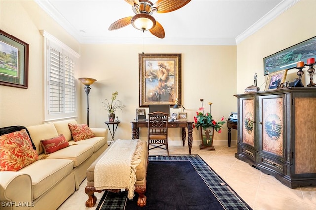 living room featuring light tile patterned floors, crown molding, and ceiling fan