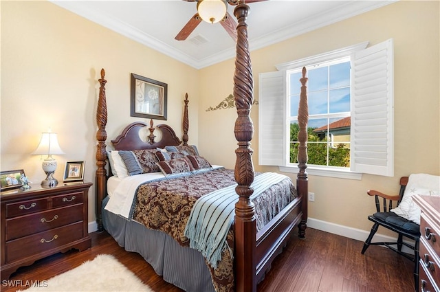 bedroom featuring crown molding, ceiling fan, and dark hardwood / wood-style flooring