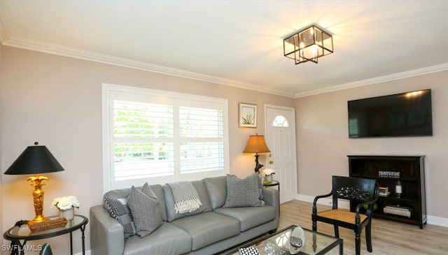 living room with crown molding and light wood-type flooring