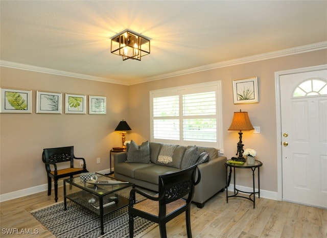 living room featuring ornamental molding and light hardwood / wood-style flooring