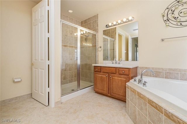 10188 Mimosa Silk Dr, Fort Myers, FL 33913 - bathroom with vanity, a shower stall, tile patterned floors, and a bath