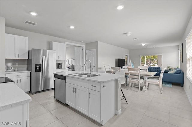 kitchen with white cabinetry, sink, a kitchen island with sink, and appliances with stainless steel finishes