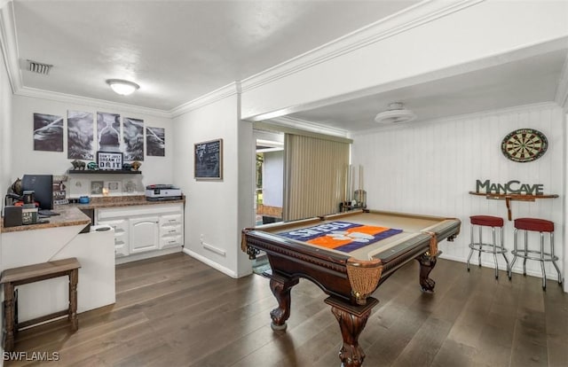 playroom featuring crown molding, pool table, and dark hardwood / wood-style flooring