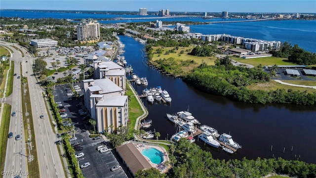 bird's eye view featuring a water view