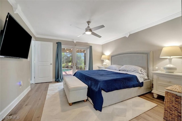 bedroom featuring ceiling fan, access to exterior, ornamental molding, french doors, and light wood-type flooring