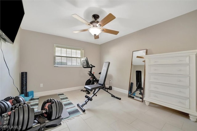 exercise room featuring ceiling fan