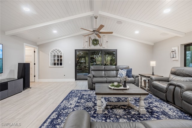 living room featuring wood ceiling, light hardwood / wood-style flooring, lofted ceiling with beams, and ceiling fan